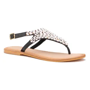 Sandales plates avec strass pour femmes, chaussures de plage à boucle, tongs