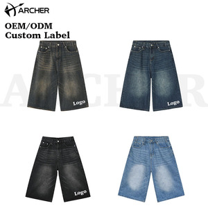 Pantaloncini Larghi da <span class=keywords><strong>Uomo</strong></span> Personalizzati in Denim Nero Stile Vintage Streetwear Estivo Casual con Stampa - Product Image 2