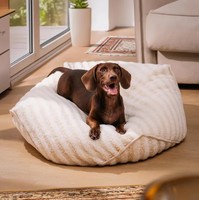 Vente en gros usine : Lit pour chien et chat apaisant, type pouf, à rayures et forme polygonale, amovible et lavable, et accessoires pour animaux de compagnie