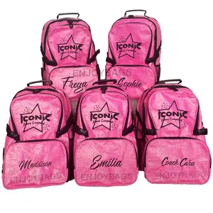 Hot pink sparkle mochila de porristas bolsa de animación Rosa uniformes de porristas lazos de alegría
