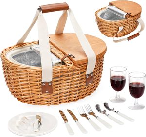 Cheap Set for 2 With Insulated Cooler Bag and Cutlery Service <strong>Kits</strong> Wooden Lids &amp; Handles Willow Picnic <strong>Hamper</strong> <strong>Basket</strong> Lining - Product Image 3