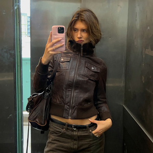 Veste en similicuir style streetwear américain pour femme, avec fermeture éclair, poches utilitaires, effet amincissant à la taille, style vintage - Product Image 6
