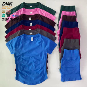 Setelan Olahraga Wanita 2 Potong, Atasan Crop Top Lengan Pendek Model Longline, Celana Pendek Olahraga Pinggang Tinggi, Baju Fitness, Setelan Yoga - Product Image 1