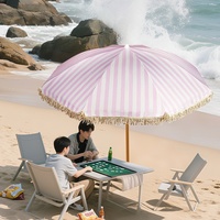 Parasol de plage/piscine extérieur imperméable en polyester résistant aux UV, à rayures roses, en macramé, avec franges