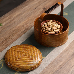 Handmade bamboo woven <b>basket</b>, retro style, double-layer bamboo food box, mooncake gift box, portable tea set <b>storage</b> box - Product Image 4