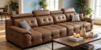 Canapé d'angle modulable en cuir véritable marron camel de qualité supérieure, capitonné, design moderne, multifonctionnel