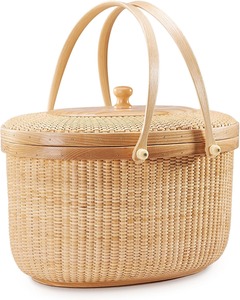 Cesta de mimbre de fresno duro con tapa y asas de madera, cesta artesanal con doble asa de madera, cesta de picnic para exteriores - Product Image 5