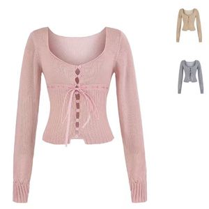 Cárdigan de Punto Casual para Mujer, Diseño Otoñal, Cuello Redondo, Manga Larga, Cierre de Botón, Color Sólido, Acabado de Alta Calidad - Product Image 1