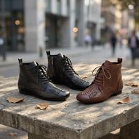 Bottines rétro en cuir véritable tressé effet vieilli, nouvelle collection automne 2026, bout carré, élégantes, à lacets, semelle plate, respirantes