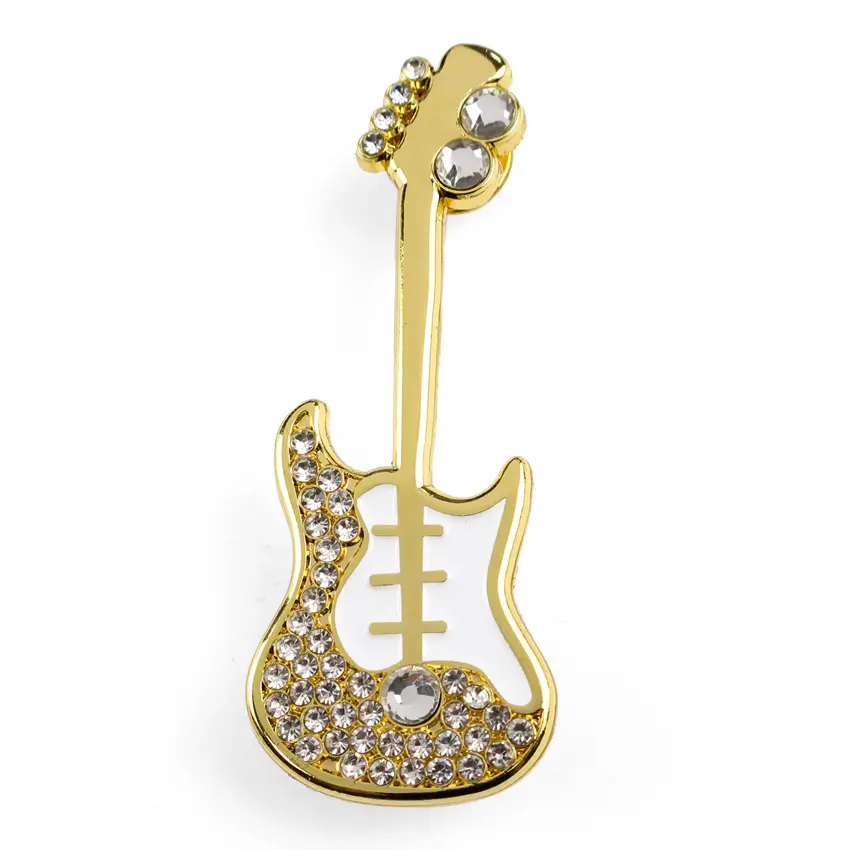 Free design custom small gifts enamel gold plated magnet ectric guitar brooch lapel pin with rhinestone