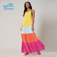 Robe longue maxi de créateur de luxe OEM, collection été 2026, motif rayures arc-en-ciel, couleurs vives, style colorblock
