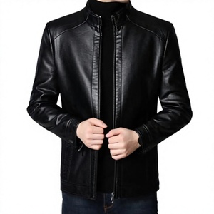 Veste en cuir marron pour homme, col montant, fermeture éclair, style motard, coupe ajustée, pour l'automne, couleur unie, manches classiques - Product Image 1
