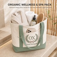Sac fourre-tout en toile personnalisé avec broderie couronne de lauriers, vert sauge, sac à main bateau avec poche avant pour mariage, douche nuptiale, vacances