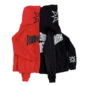Sudadera con capucha OEM para hombre, estilo urbano, personalizada, 100% algodón, felpa francesa, extragrande, gruesa, con pedrería y cremallera completa - Product Image 2