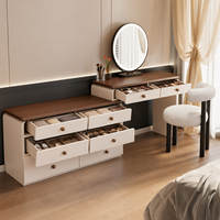 Meuble-lavabo moderne en forme de L avec plateau en noyer |   Miroir LED rond à 6+2 tiroirs et chaise Boucle (bois massif multicouche)