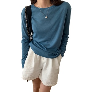 Camisetas de punto suave para mujer, camisetas básicas de manga larga con cuello redondo - Product Image 1