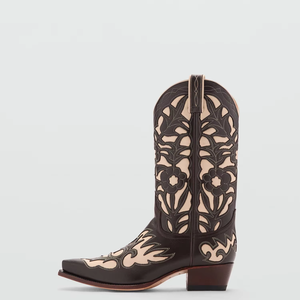 Bottes de cow-boy florales marron et <span class=keywords><strong>beige</strong></span> découpées pour femmes bottes mi-mollet à bout pointu de style occidental bottes de rodéo en cuir à la mode - Product Image 1