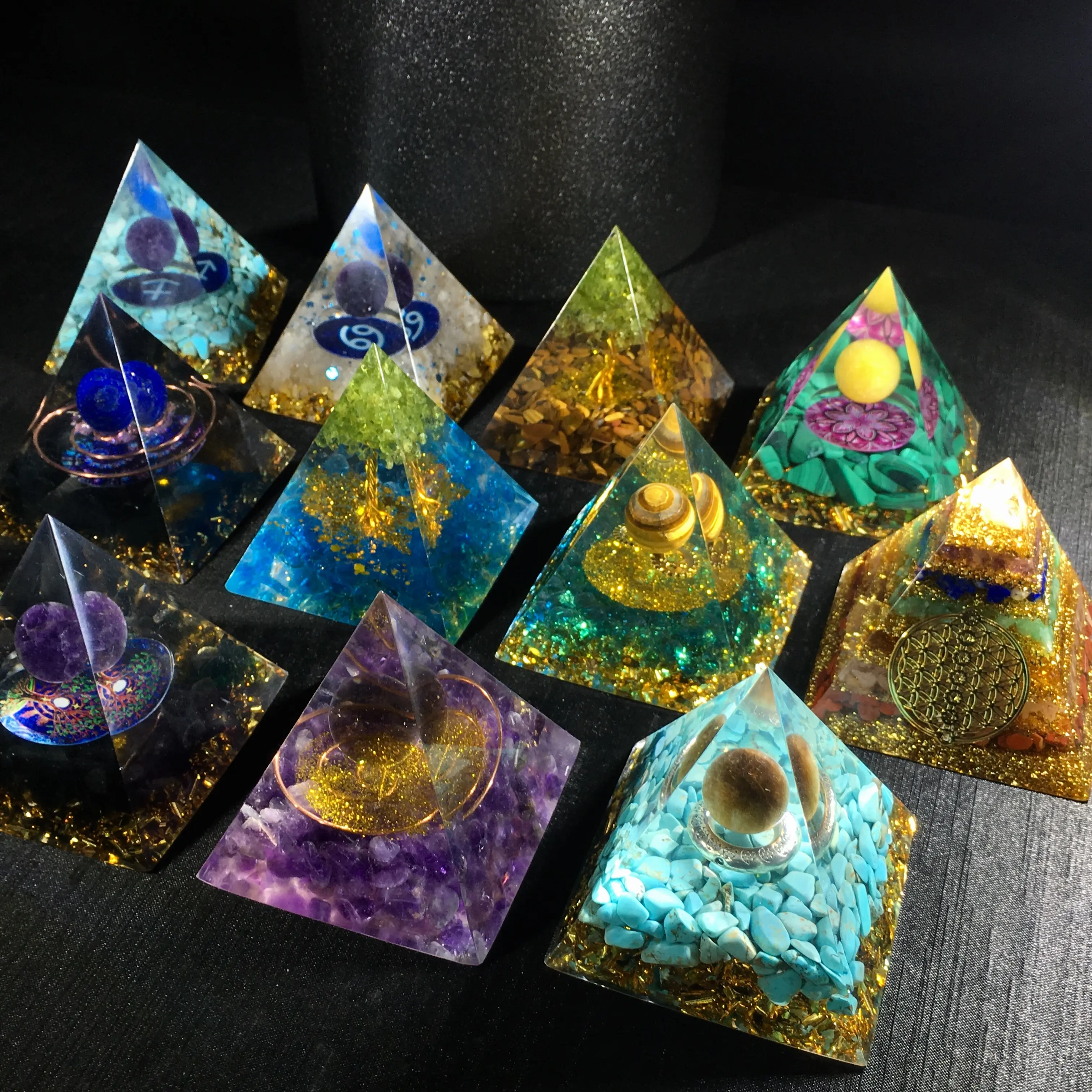 Pirâmide Orgone Cura Orgon Obsidian Cristal Pirâmide Energia Gerador Alívio do estresse para a cura