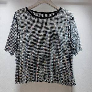 Luxury <strong>Sequin</strong> Embroidery <strong>Mesh</strong> See Through Shirt Women Sexy Bead Lace Short <strong>Tops</strong> - Product Image 6