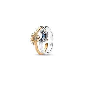 Сверкающее кольцо Sun And Bule Moon с 14-каратным золотом/серебряным покрытием, многообещающее кольцо для дружбы, штабелируемое Celest