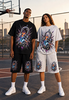Ensemble streetwear deux pièces unisexe personnalisé en mélange de coton respirant avec t-shirt graphique imprimé cadenas explosif et short à cordon de serrage 220g
