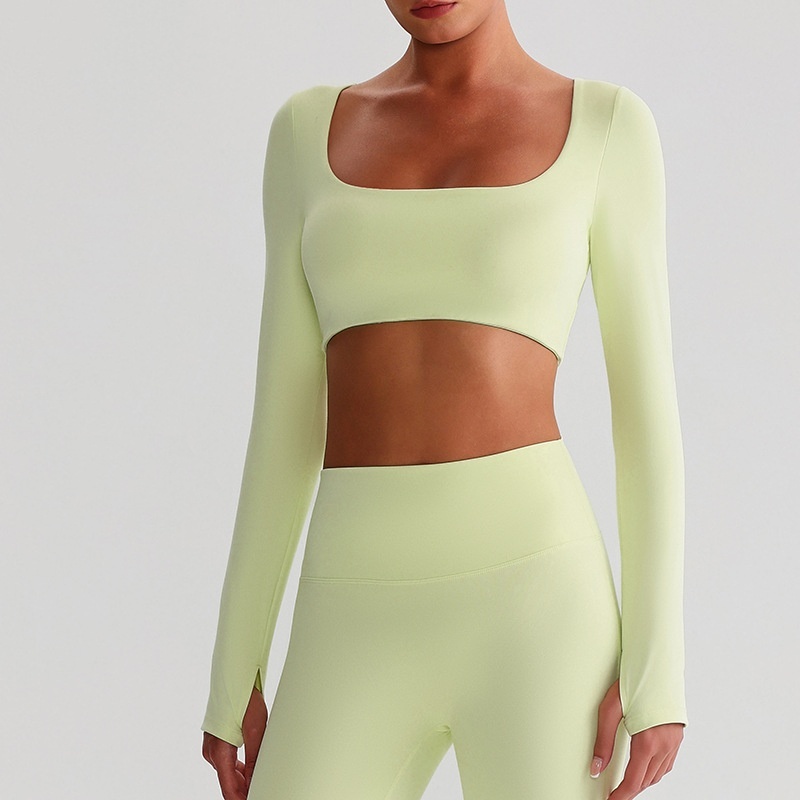 Customized Stretchy Women's Athletic Fitness Slim Fit Open Back Long Sleeve Square Neck Crop Top Gym Yoga Workout Tops