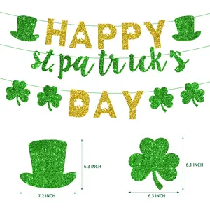 Happy St. Patrick's Day Banner Green Glitter and Patricks Shamrock Garland Decorations for Saint Pattys