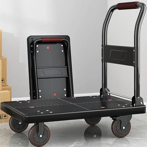 Folding Flatbed Trolley Four-Wheel Steel Platform Hand Cart Black Foldable Portable Household Use - Product Image 1