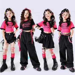 Pakaian Hip Hop anak-anak atasan Crop celana pendek tari jalanan Jazz kostum manis anak perempuan celana kargo hitam set pakaian Streetwear
