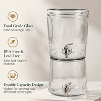 Distributeur de boissons commercial à 2 niveaux en verre cannelé avec robinets + Grand récipient à jus double pour table, vente en gros, OEM