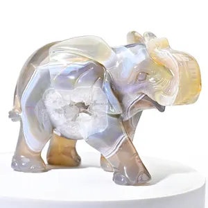 Elefante de ágata Druzy grande, animales de piedra semipreciosa, Ágata Druzy tallada, cristales curativos, figurita de piedra