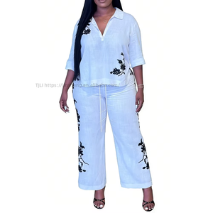 Women's <b>White</b> Shirt and Pants Embroidered Floral <b>2</b> <b>Piece</b> <b>Set</b> African Women <b>Sets</b> Fashion - Product Image 3