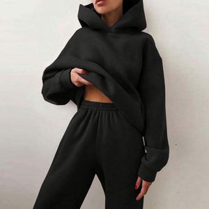 Ensemble de survêtement décontracté 2 pièces pour femme en maille courte, chaud, avec sweat à capuche et pantalon de jogging, idéal printemps, automne, hiver, avec logo frontal - Product Image 6