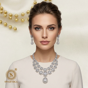 Luxury Cubic Zirconia Brass Necklace Set <b>Silver</b> Plated Two Layer Geometric CZ Diamond <b>Choker</b> Earrings Bridal Jewelry - Product Image 3