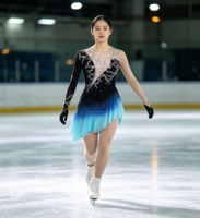 Robe de patinage artistique à manches longues, dégradé noir-cyan, dos en V profond en maille, jupe ornée de strass, pour filles et adultes, compétition et performance