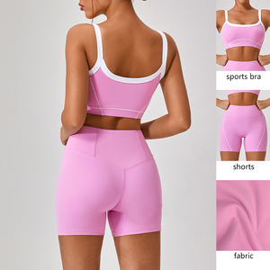 Logo personalizzato nuovo reggiseno sportivo traspirante 2 pezzi Set di pantaloncini bianchi bordo <span class=keywords><strong>palestra</strong></span> <span class=keywords><strong>per</strong></span> donne estate Yoga pantaloni personalizzati Logo vita - Product Image 2