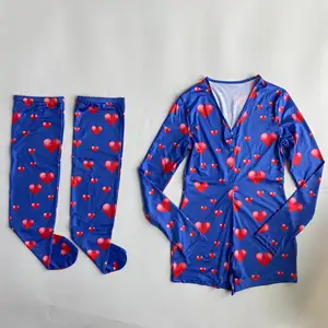 발렌타인 데이 잠옷 심장 인쇄 긴 소매 사용자 정의 잠옷 밤 착용 여성 onesie 양말