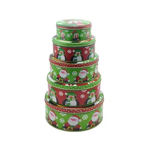 USA hot sale food grade Christmas holiday tin round bakery cake tins storage cans set/5