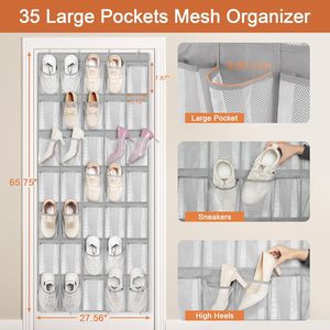 FENTEC 35 Pocket Over The Door Shoe Organizer Mesh Hanging Shoe Rack Grey For Closet Wall Storage - Product Image 6
