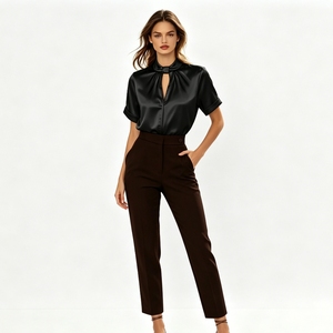 Blus Satin Kerah Keyhole Lengan Pendek Wanita Elegan Kantor Warna Solid Kemeja Merek Butik Sehe Fashion - Product Image 6