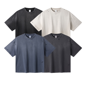 T-shirt Col Montant Effet Vieilli Personnalisé, Style Vintage Délavé à l'Acide, Streetwear, Coupe Oversize Épaules Tombantes, T-shirts Simples TKAN6645 - Product Image 2