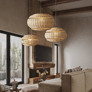 โคมไฟแขวนหวายทรงกลม E27 หลอดประหยัดพลังงานสำหรับห้องนั่งเล่นห้องรับประทานอาหารห้องน้ำชาสไตล์เซน - Product Image 4