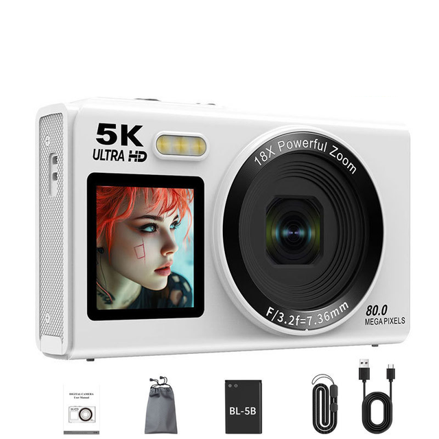 Retro Point & Shoot Digital Camera 18x Optical Zoom 80MP CMOS Sensor Dual Screen 2.4+1.4" 5K Video Vlog Selfie DV SD Card