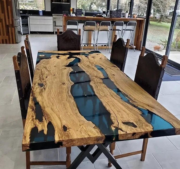 Tabela de resina epóxi personalizada de fábrica, com faixas de madeira... 1 peça 3 pés * 3 pés de estoque pronto para enviar mesa de rio de luxo