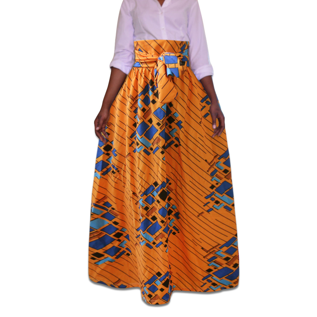Jupe Maxi Femme Taille Haute Jaune Et Verte - Imprimé Africain Fait Main, Taille 8