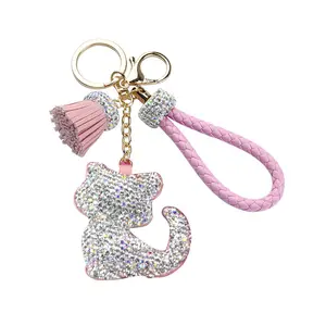 Toptan özel elmas bling sevimli şanslı kedi anahtarlık kristal anahtar zincirleri kız için
