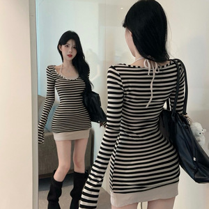 French Style Elegant U Neck Flared Sleeve Slim Fit Striped Long Sleeve Top Halter Design Two Piece Set Daily Wear - Product Image 3