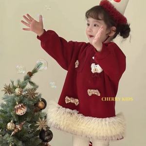 Christmas Kids Dress Red Fleece One Piece With Bear Applique And Bowknot For Girls 1 Year Old - Product Image 1