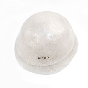 Tupé de Base de piel fina de Pu con frente de encaje francés platino blanco puro para hombres reemplazo de cabello humano pelucas de cabello Remy Natural - Product Image 6