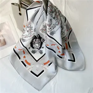 luxury 65*65cm Square scarf Custom gray horse LOGO Print designs printing Satin Silk Scarf For Woman